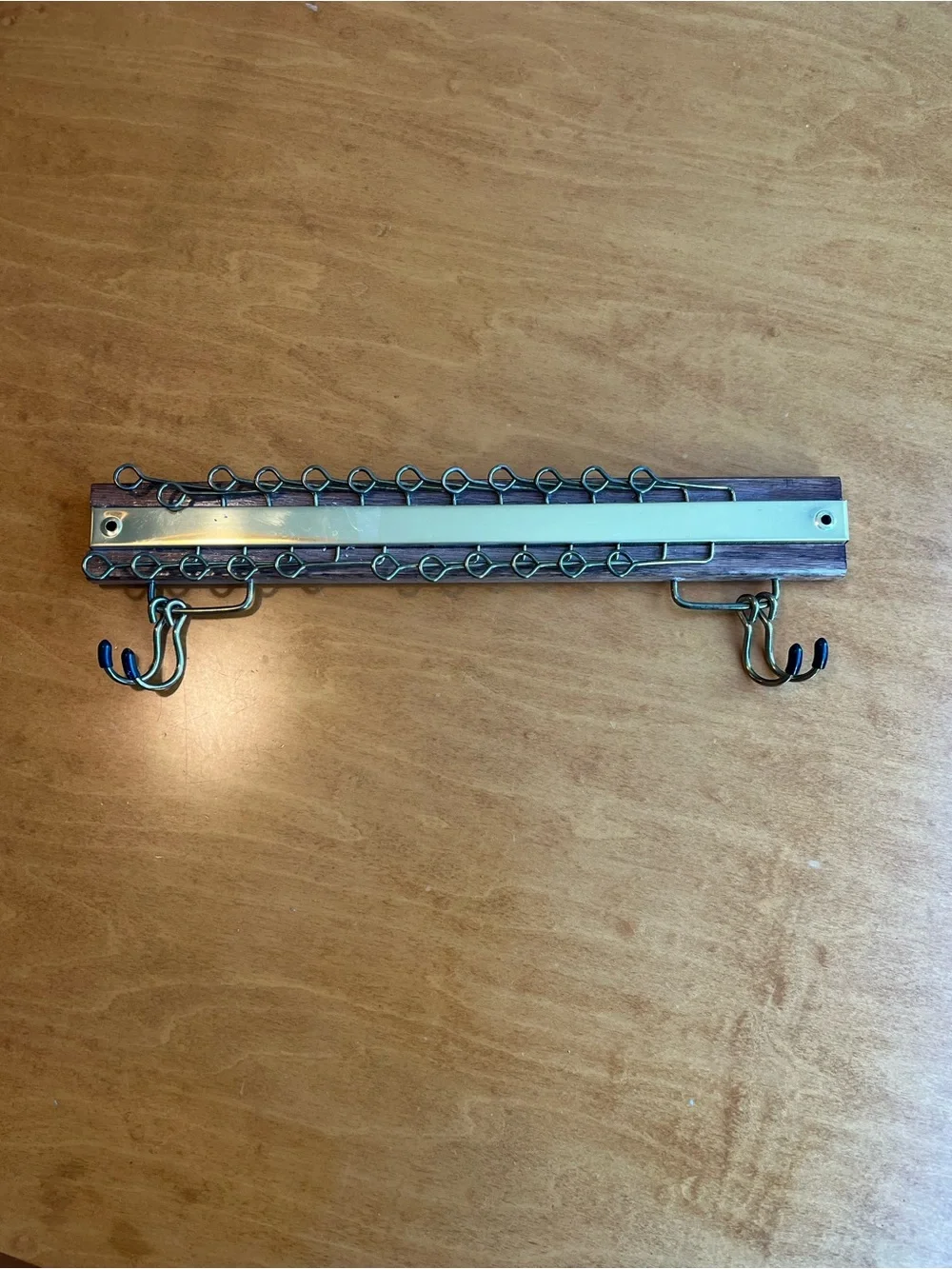 Vintage Brass Wall-Mounted Tie and Belt Rack in Wood and Brass Tones